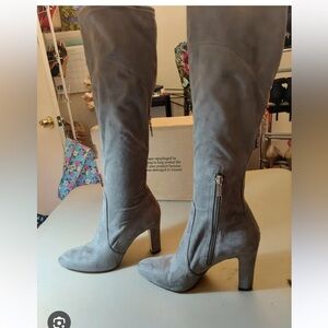 Grey suede Ivanka Trump heeled over the knee boots
